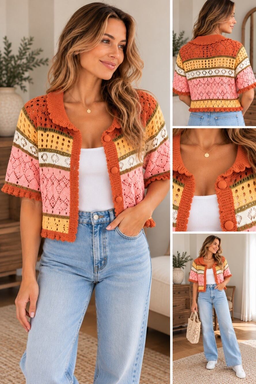 Jacquie the Label Multicolor Colorblock Knit Tie Front Collared Cardigan L